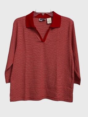 Erika & Co Women's Polo V-Neck Shirt Size L Red White Stripes 3/4 Sleeves Casual